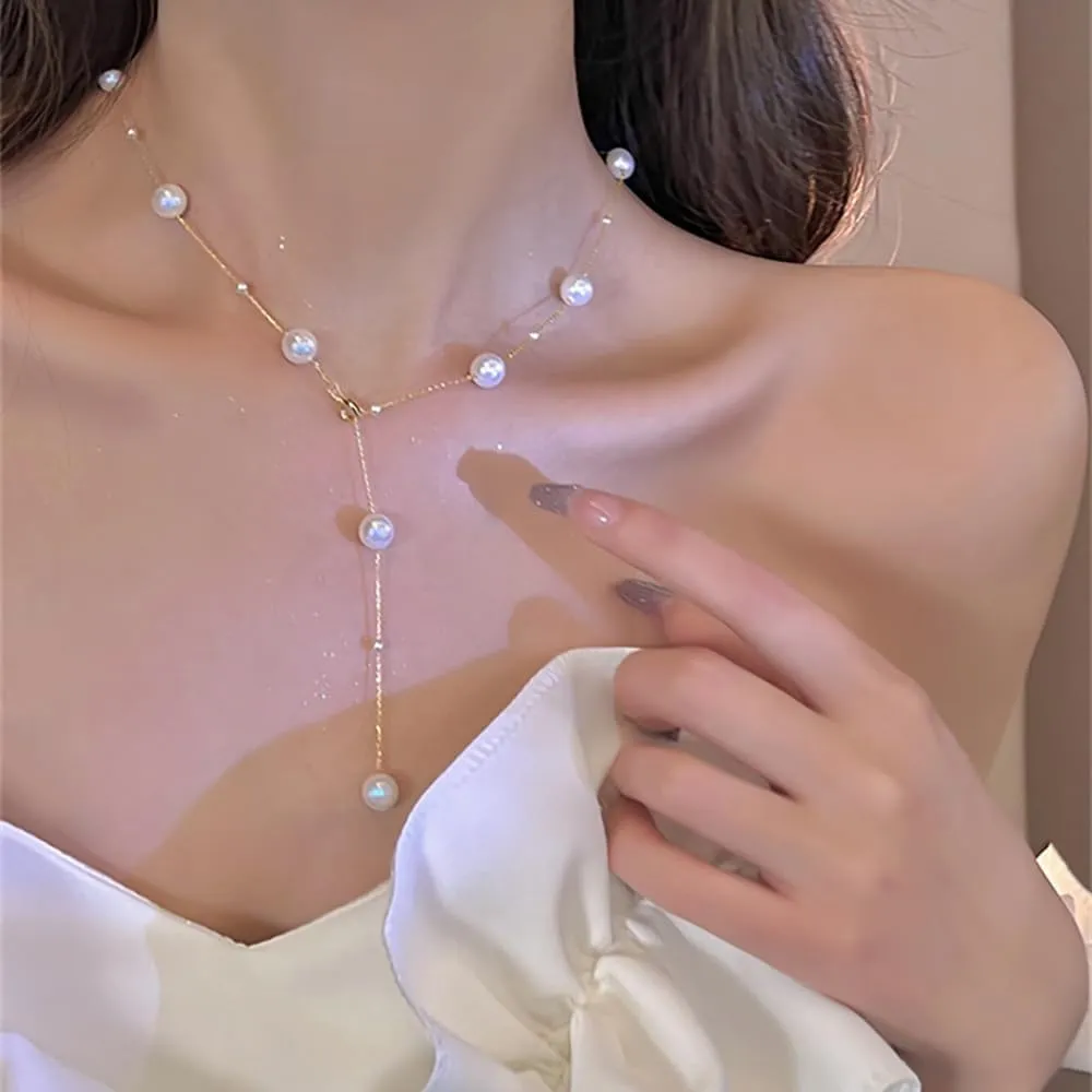 Boho Pearl Y Shape Necklaces for Women, Dainty 14k Gold Plated Pearl Beaded Chain Choker Necklace Trendy Jewelry Accessories Gift