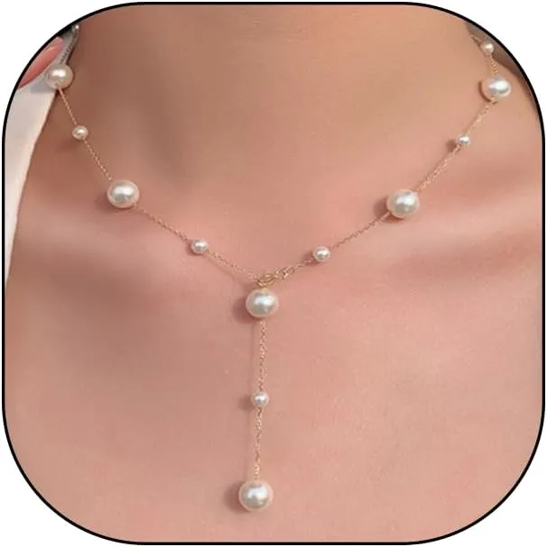 Boho Pearl Y Shape Necklaces for Women, Dainty 14k Gold Plated Pearl Beaded Chain Choker Necklace Trendy Jewelry Accessories Gift