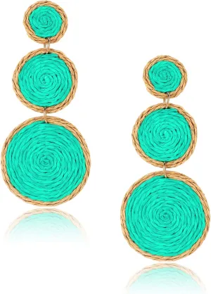 Boho Raffia Earrings Statement Rattan Drop Earrings for Women Handmade Straw Wrapped Triple Circle Dangle Earrings for Wedding Party Prom