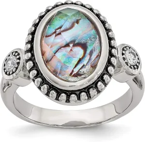 Bonyak Jewelry Chisel Stainless Steel Antiqued & Polished Imitation Abalone & CZ Ring in Stain