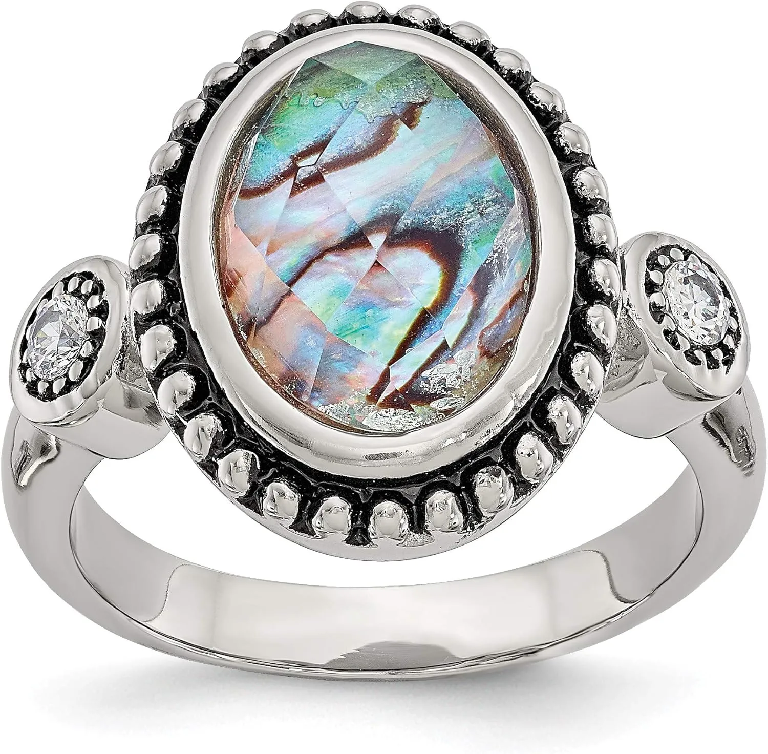 Bonyak Jewelry Chisel Stainless Steel Antiqued & Polished Imitation Abalone & CZ Ring in Stain