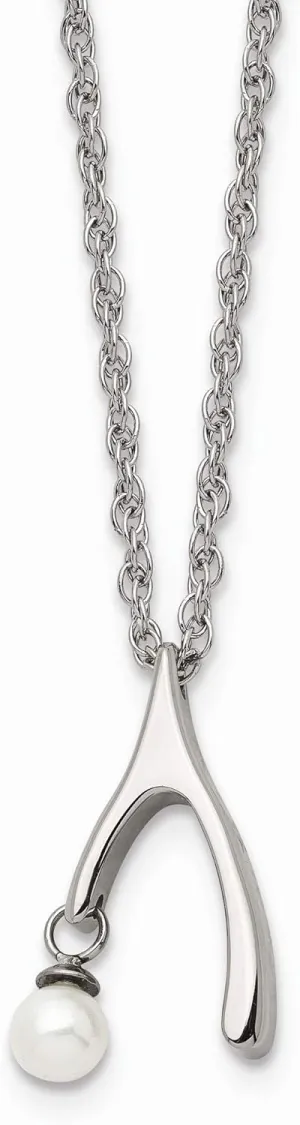 Bonyak Jewelry Stainless Steel Polished Wishbone Imitation Pearl 16in Necklace in Stainless St