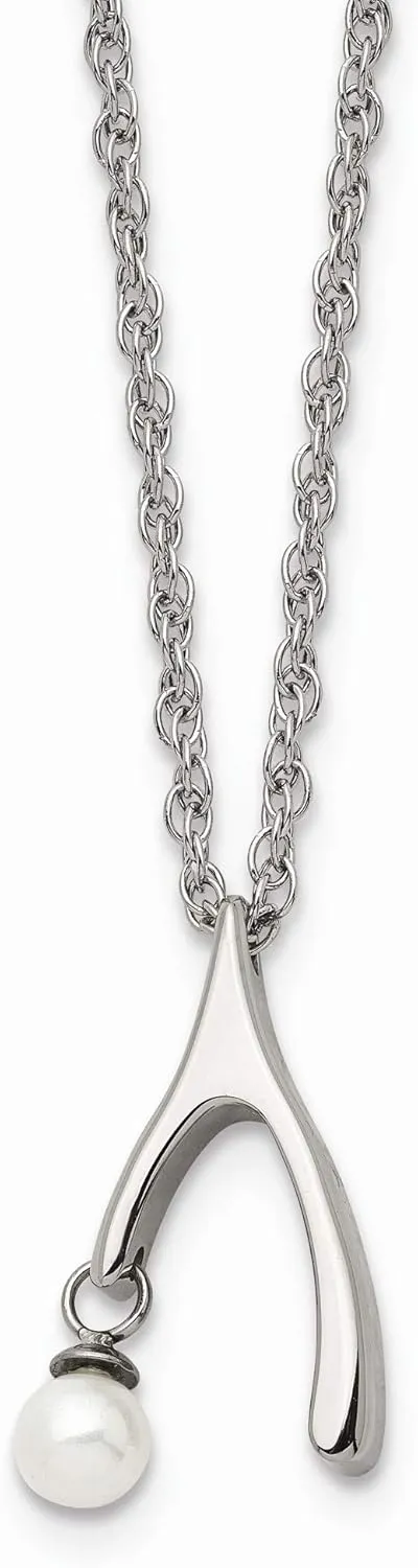 Bonyak Jewelry Stainless Steel Polished Wishbone Imitation Pearl 16in Necklace in Stainless St
