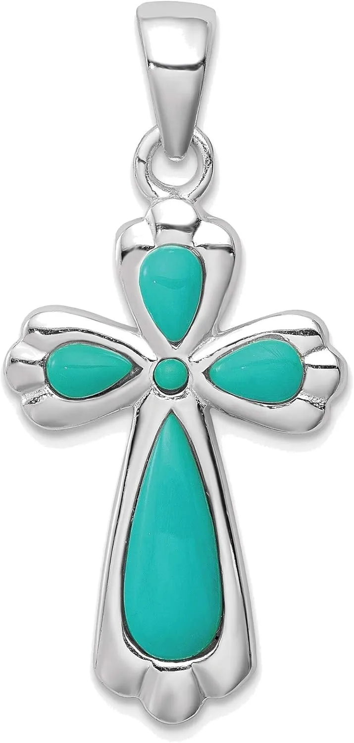 Bonyak Jewelry Sterling Silver Rhodium-Plated Polished Imitation Turquoise Cross Pendant