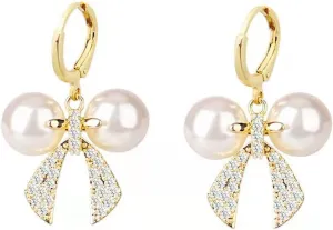 Bow Pearl Hoop Earrings for Women Gold Plated Dainty Bow Knot Ribbon Pearls Ball Chic Crystal Rhinestone Small Dangle Drop Earrings for Valentines Day Birthday Holiday Jewelry Gifts