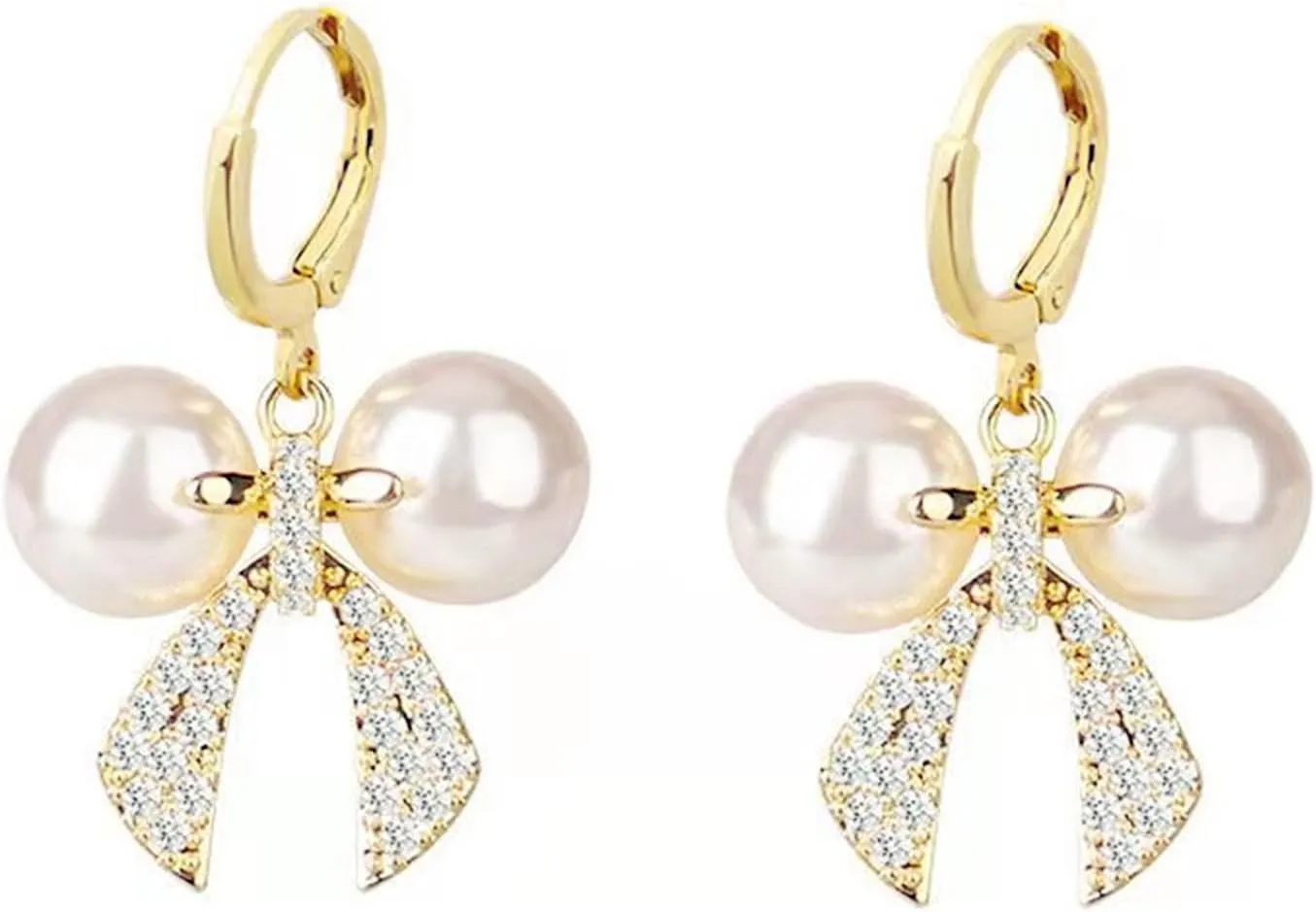 Bow Pearl Hoop Earrings for Women Gold Plated Dainty Bow Knot Ribbon Pearls Ball Chic Crystal Rhinestone Small Dangle Drop Earrings for Valentines Day Birthday Holiday Jewelry Gifts