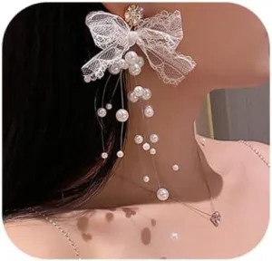 Bow Pearl Tassel Earrings Elegant Bow Handmade Dangle Earrings Simulated Pearl Rhinestone Earring for Women