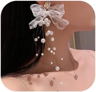 Bow Pearl Tassel Earrings Elegant Bow Handmade Dangle Earrings Simulated Pearl Rhinestone Earring for Women