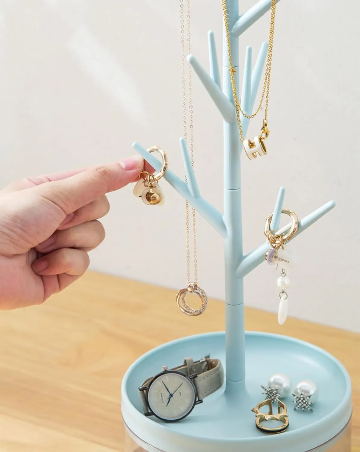 Branch Jewelry Rack Rotatable Base and Storage Box, Jewelry Display Rack Holder, Tree Tower Rack Hanging Organizer for Necklace Bracelet Ring Earrings (Pink)