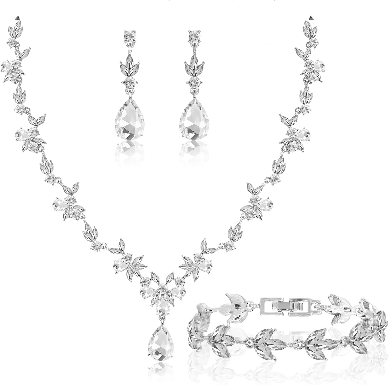 Bridal Wedding Jewelry Set - Elegant Floral Crystal Necklace, Earrings, and Bracelet Set for Wedding, Prom, Party