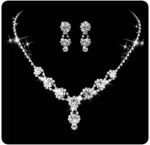 Bride Wedding Crystal Necklace Earrings Set Silver Bridal Floral Choker Necklaces Jewelry