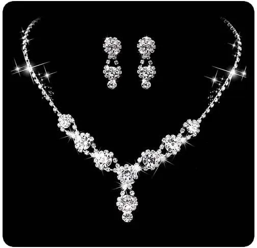 Bride Wedding Crystal Necklace Earrings Set Silver Bridal Floral Choker Necklaces Jewelry