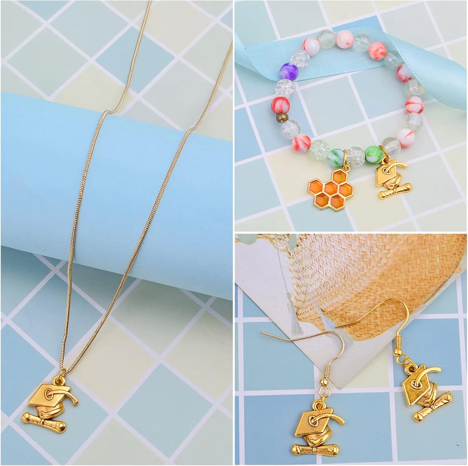BronaGrand 70pcs Graduation Cap Charm Pendants Alloy Graduate Hanging Charm with Diploma Pendant Graduation Charms for DIY Jewelry Bracelet Necklace Making and Crafting