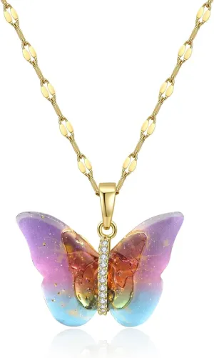 Butterfly Necklace for Women - Fairy Cubic Zirconia Butterfly Pendant Necklaces Titanium Steel (Gold Pink)