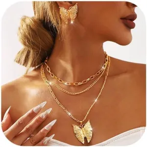 Butterfly Pendant Jewelry Set Gold Layered Necklaces Earring Sets Fashion Necklace for Women