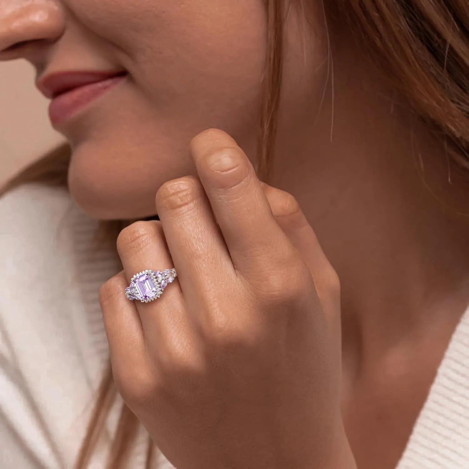 Butterfly Rings for Women, 925 Sterling Silver 3-4 Carat Birthstone Halo Ring Amethyst/Emerald/Blue Sapphire/Ruby Promise Ring Emerald Cut Engagement Rings for Her,Lovers Birthday Valentines Gift