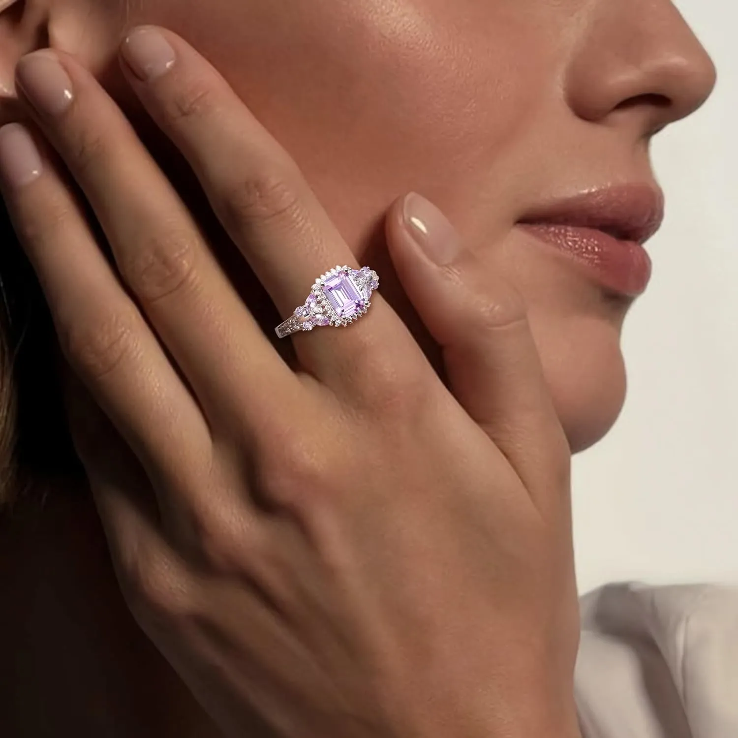 Butterfly Rings for Women, 925 Sterling Silver 3-4 Carat Birthstone Halo Ring Amethyst/Emerald/Blue Sapphire/Ruby Promise Ring Emerald Cut Engagement Rings for Her,Lovers Birthday Valentines Gift