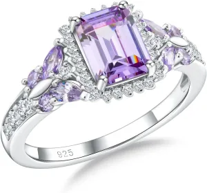 Butterfly Rings for Women, 925 Sterling Silver 3-4 Carat Birthstone Halo Ring Amethyst/Emerald/Blue Sapphire/Ruby Promise Ring Emerald Cut Engagement Rings for Her,Lovers Birthday Valentines Gift