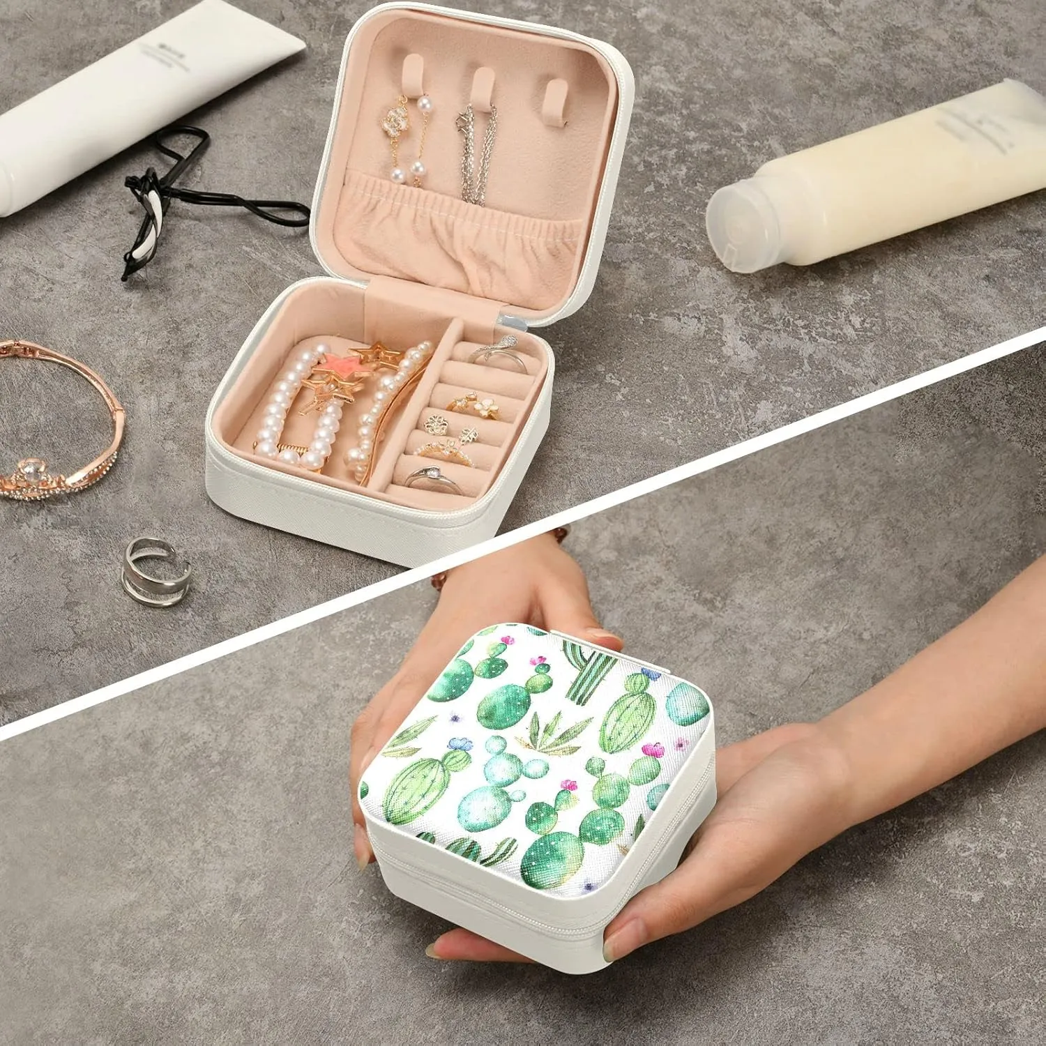Cactus Succulent Floral Travel Jewelry Case PU Leather Portable Jewelry Box Jewelry Travel Organizer Small Jewelry Box for Ring Necklace Earring Bracelet Gifts Display Box Holder for Women Girls
