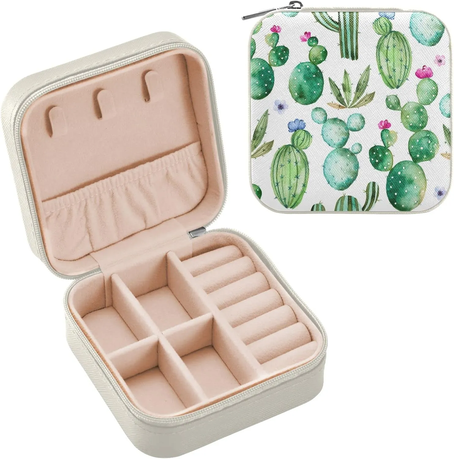 Cactus Succulent Floral Travel Jewelry Case PU Leather Portable Jewelry Box Jewelry Travel Organizer Small Jewelry Box for Ring Necklace Earring Bracelet Gifts Display Box Holder for Women Girls