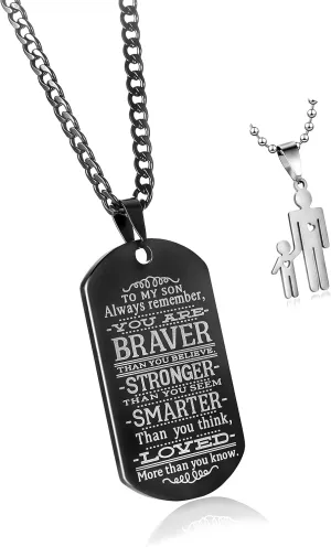 CaleesLLC To My Son Always Remember You Are Braver Than You Believe Quotes Black Dog Tags Pendant Necklace Love Gift