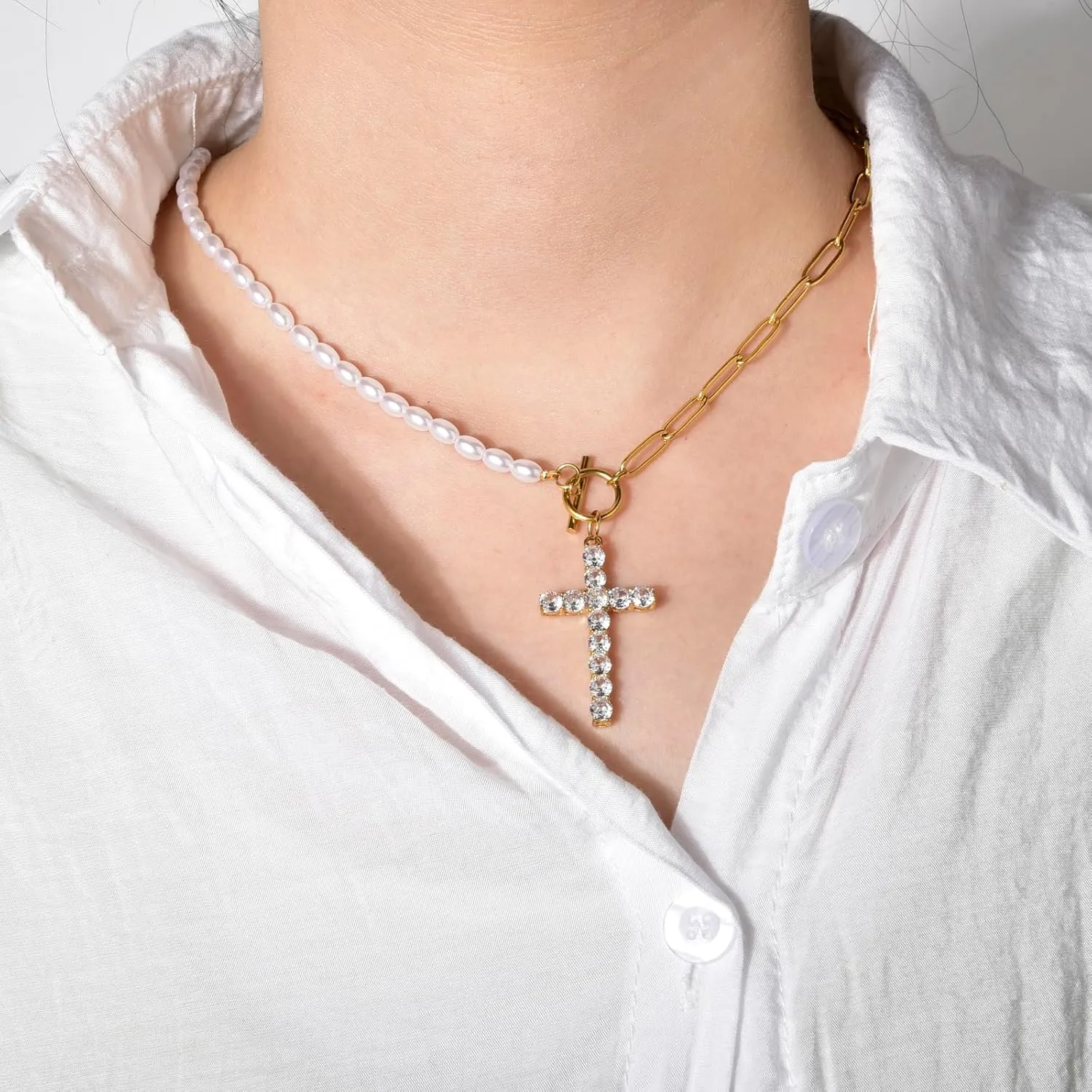 CANDYFANCY Gold Pearl Necklaces for Women Bow Heart Cross Star Pendant Necklace Paperclip Chain Choker OT Preppy Necklace Fashion Jewelry Gifts