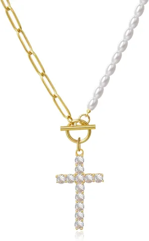 CANDYFANCY Gold Pearl Necklaces for Women Bow Heart Cross Star Pendant Necklace Paperclip Chain Choker OT Preppy Necklace Fashion Jewelry Gifts