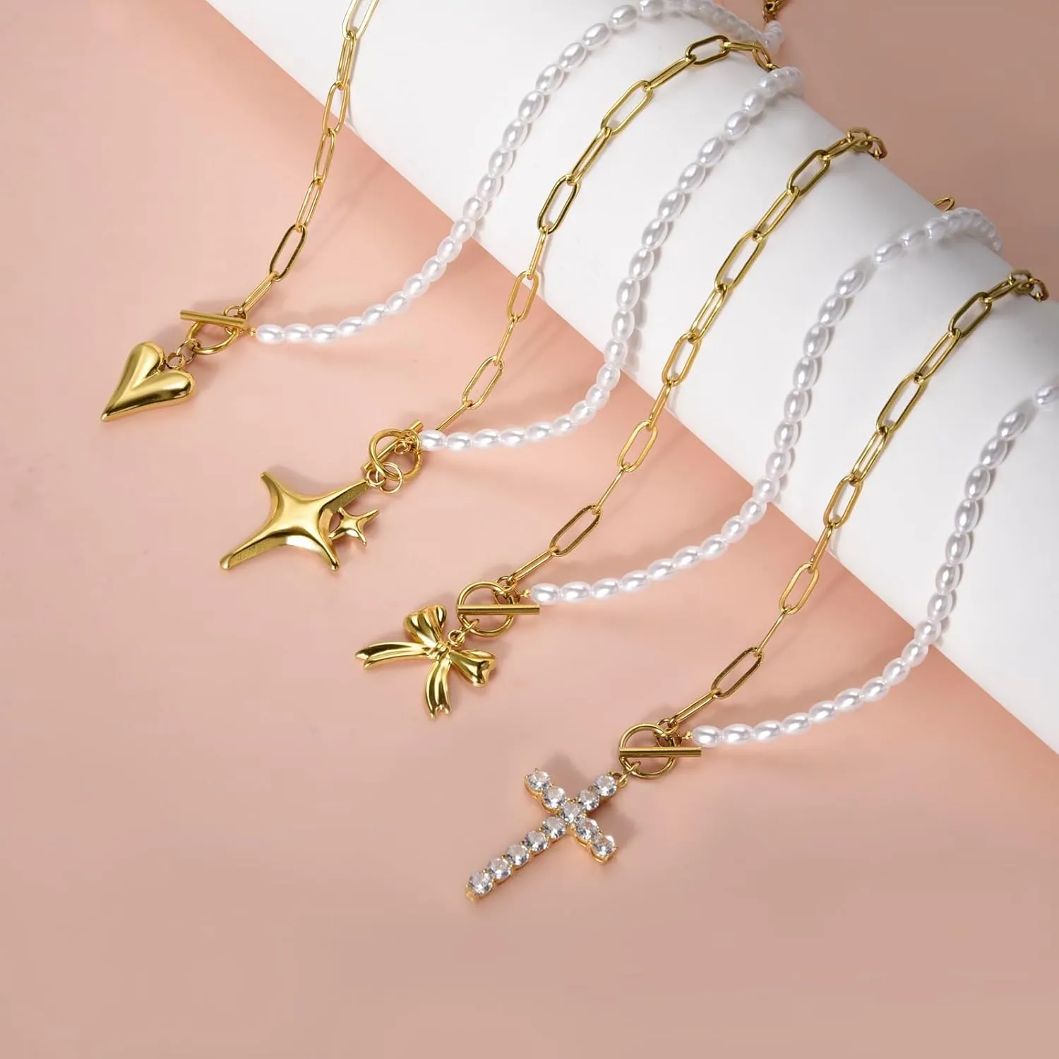 CANDYFANCY Gold Pearl Necklaces for Women Bow Heart Cross Star Pendant Necklace Paperclip Chain Choker OT Preppy Necklace Fashion Jewelry Gifts
