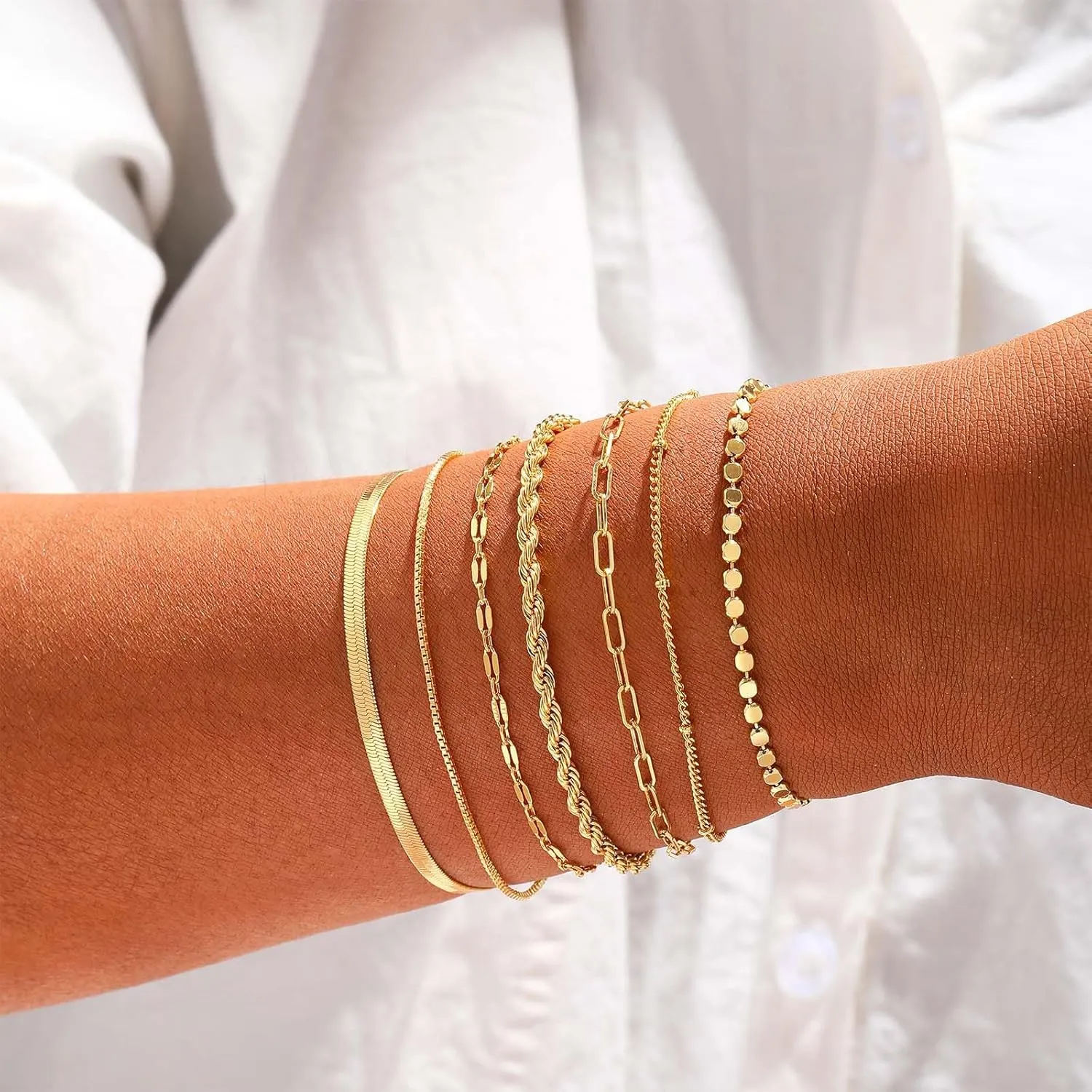 CAROVO Gold Bracelets for Women Waterproof Dainty 14K Gold Plated Stackable Cuban Beaded Link Snake Lip Paperclip Chain Bracelets Fashion Jewelry Gift for Women
