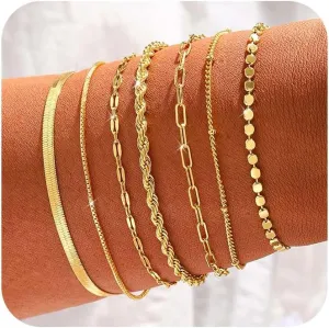 CAROVO Gold Bracelets for Women Waterproof Dainty 14K Gold Plated Stackable Cuban Beaded Link Snake Lip Paperclip Chain Bracelets Fashion Jewelry Gift for Women