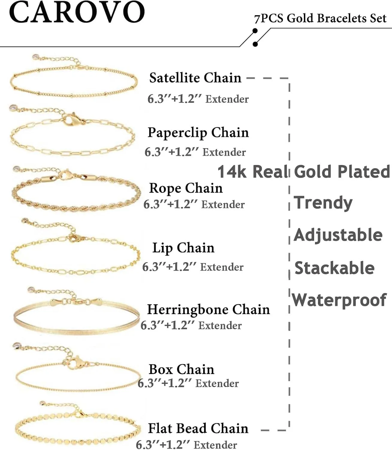 CAROVO Gold Bracelets for Women Waterproof Dainty 14K Gold Plated Stackable Cuban Beaded Link Snake Lip Paperclip Chain Bracelets Fashion Jewelry Gift for Women