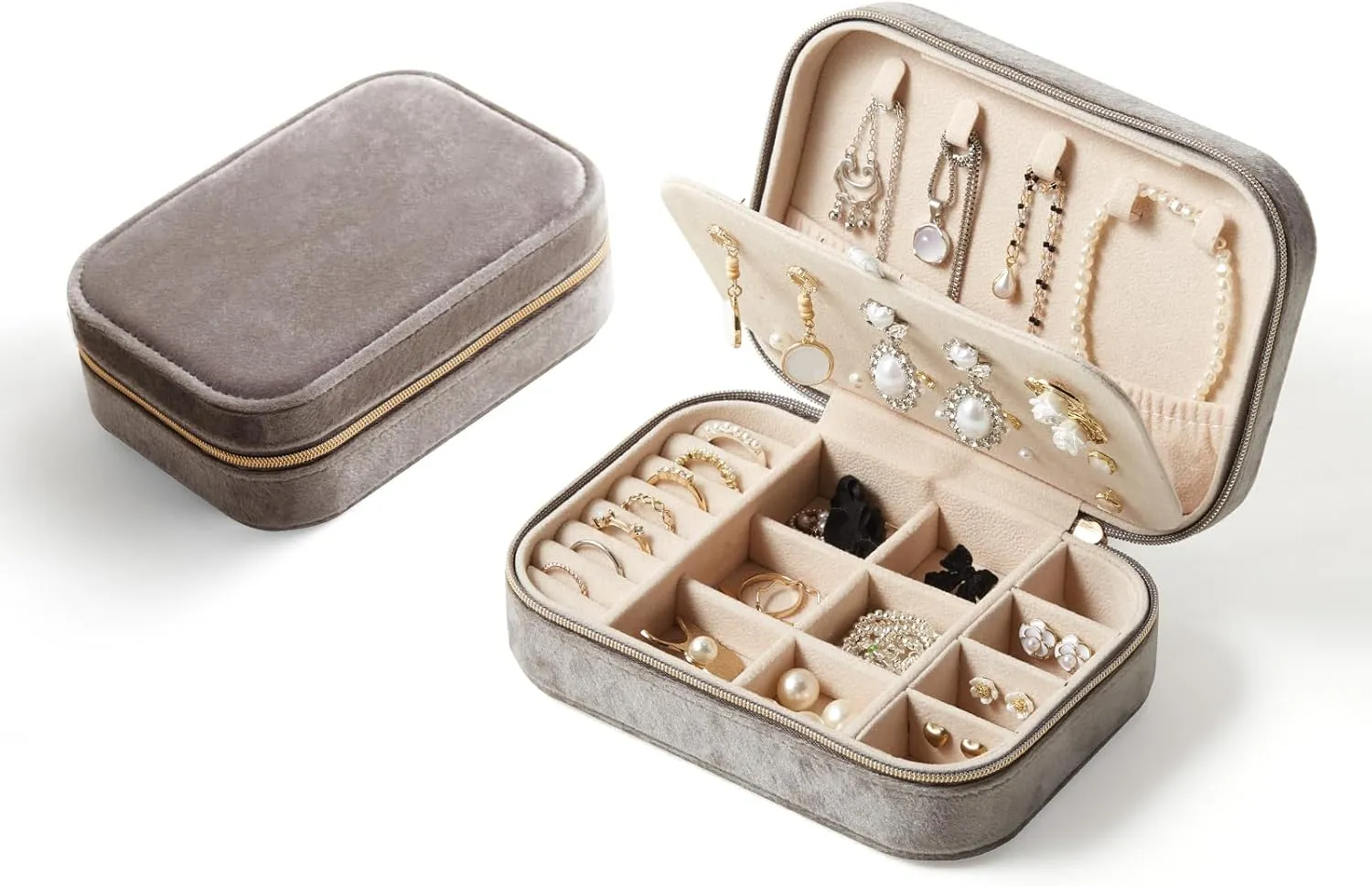 CASEGRACE Plush Velvet Travel Jewelry Box, Portable Jewelry Case for Women Girls, Double Layer Jewelry Organizer Display Box for Necklace Earring Rings Bracelet, Travel Accessory Gifts, Grey