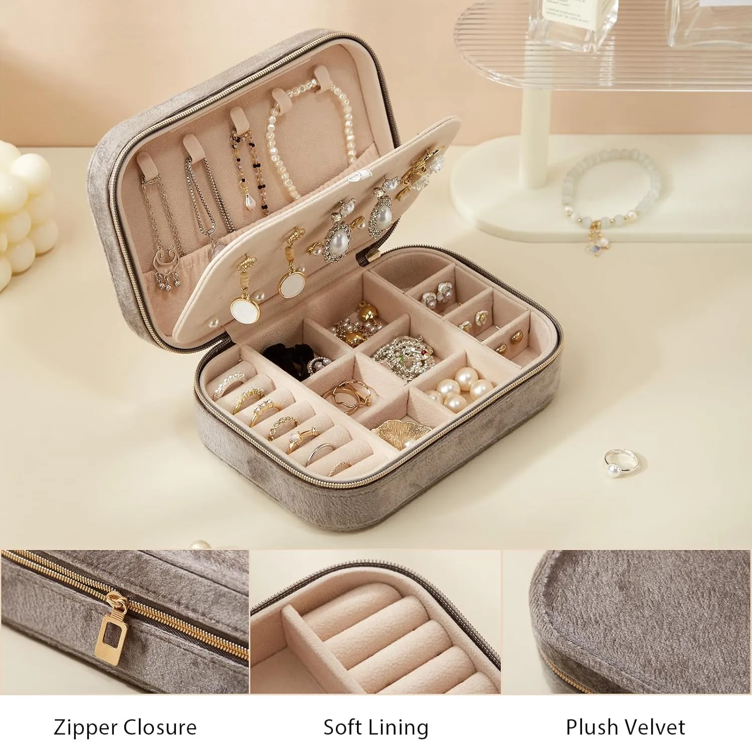 CASEGRACE Plush Velvet Travel Jewelry Box, Portable Jewelry Case for Women Girls, Double Layer Jewelry Organizer Display Box for Necklace Earring Rings Bracelet, Travel Accessory Gifts, Grey