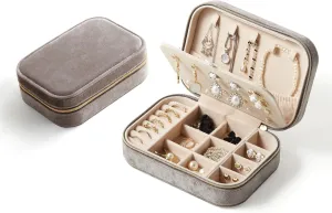 CASEGRACE Plush Velvet Travel Jewelry Box, Portable Jewelry Case for Women Girls, Double Layer Jewelry Organizer Display Box for Necklace Earring Rings Bracelet, Travel Accessory Gifts, Grey