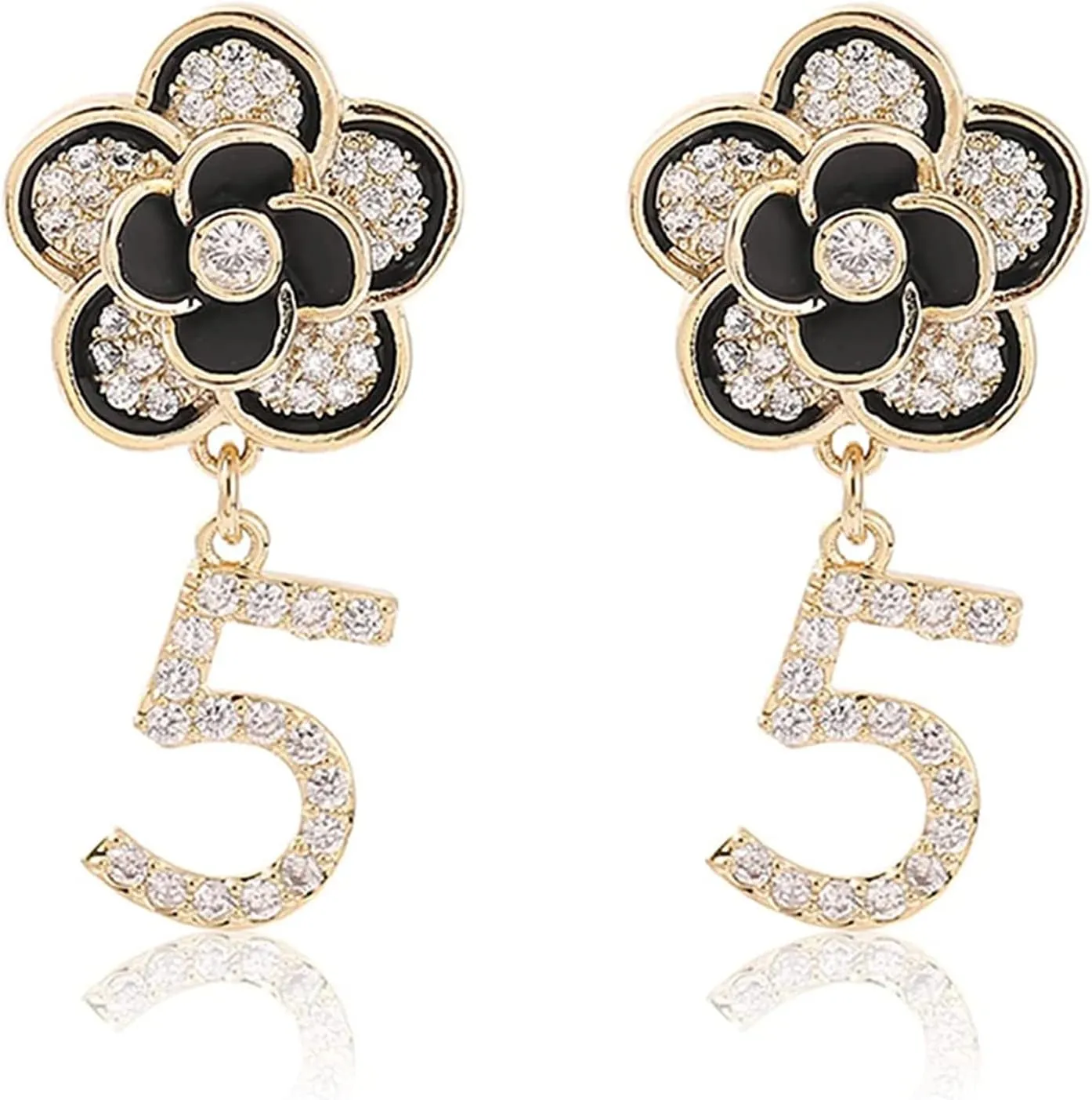 Celebrity Designer Elegant Rhinestone Dangle Drop Luxury Camellia Black Number 5 Earrings Valentine's Day Gift