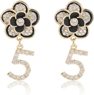 Celebrity Designer Elegant Rhinestone Dangle Drop Luxury Camellia Black Number 5 Earrings Valentine's Day Gift