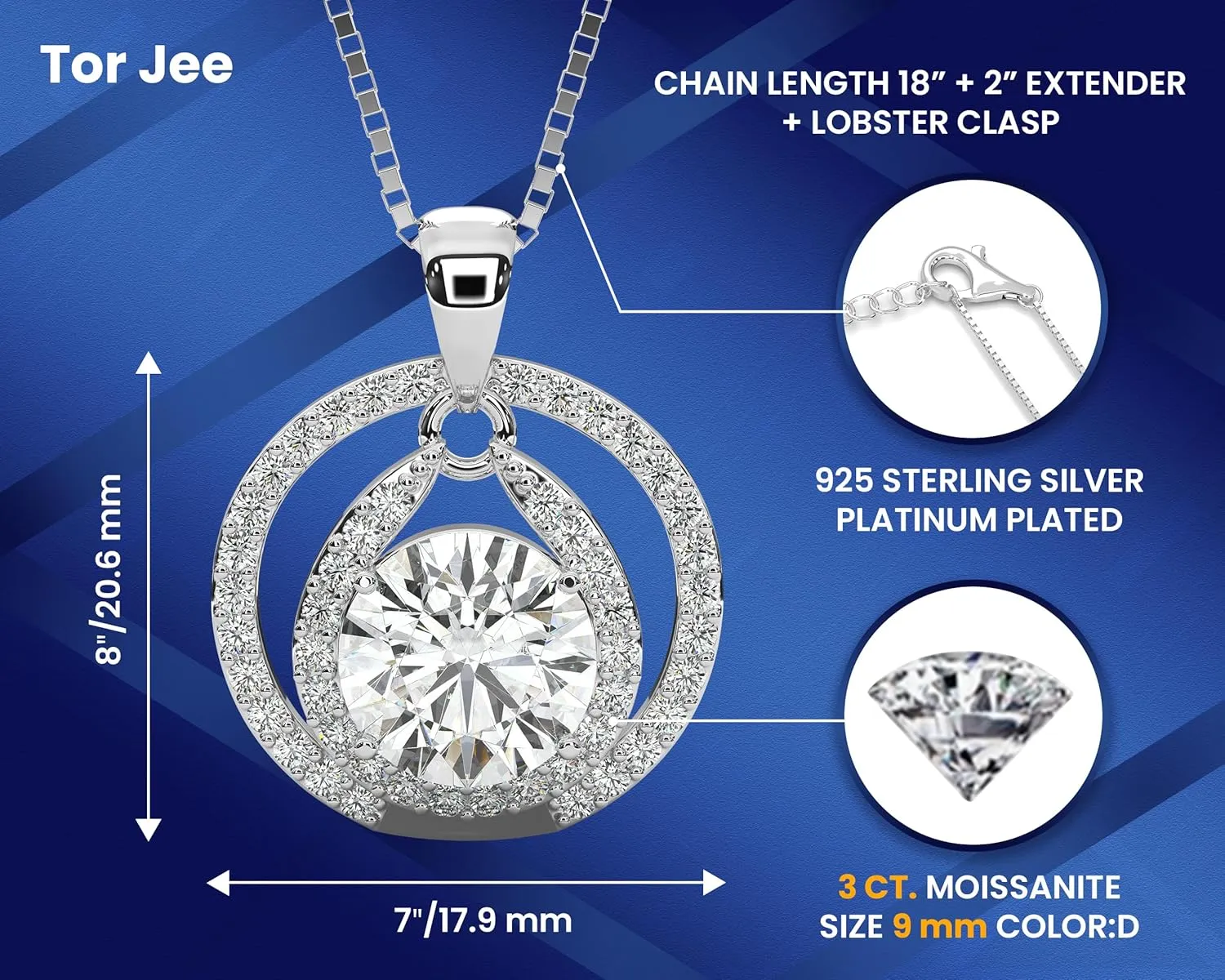 Certified Moissanite Pendant Necklace Gift for Women Birthday Gift for Her, Platinum Plated Silver Necklace with Moissanite Diamond Gift for Wife from Husband