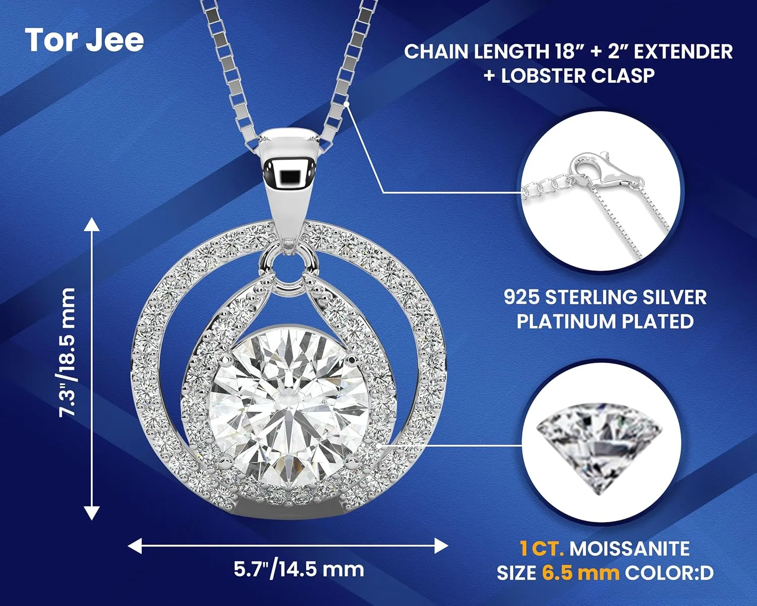 Certified Moissanite Pendant Necklace Gift for Women Birthday Gift for Her, Platinum Plated Silver Necklace with Moissanite Diamond Gift for Wife from Husband