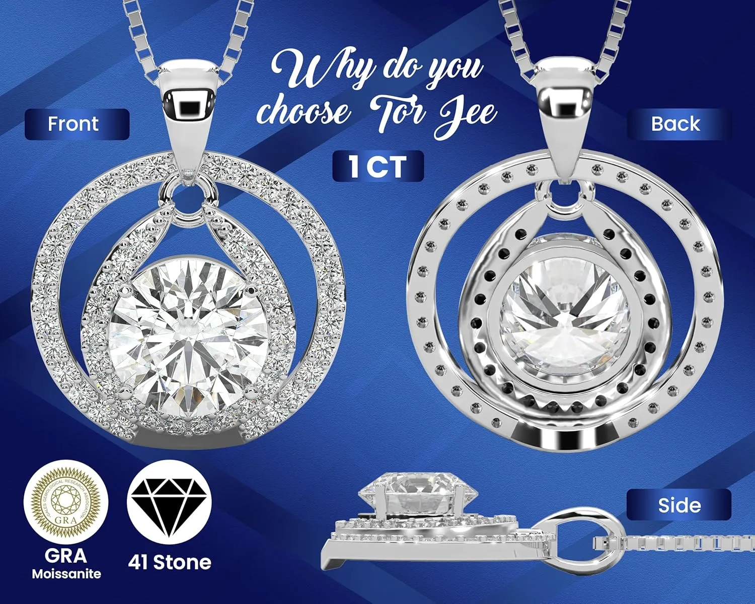 Certified Moissanite Pendant Necklace Gift for Women Birthday Gift for Her, Platinum Plated Silver Necklace with Moissanite Diamond Gift for Wife from Husband