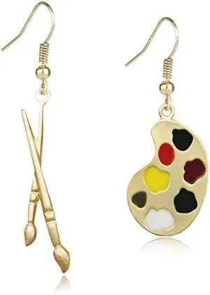 Charm Chic Artist Matte Gold Palette Paint Brush Dangle Drop Earrings for Women Girls Artist Art Teacher Statement Jewelry Gifts