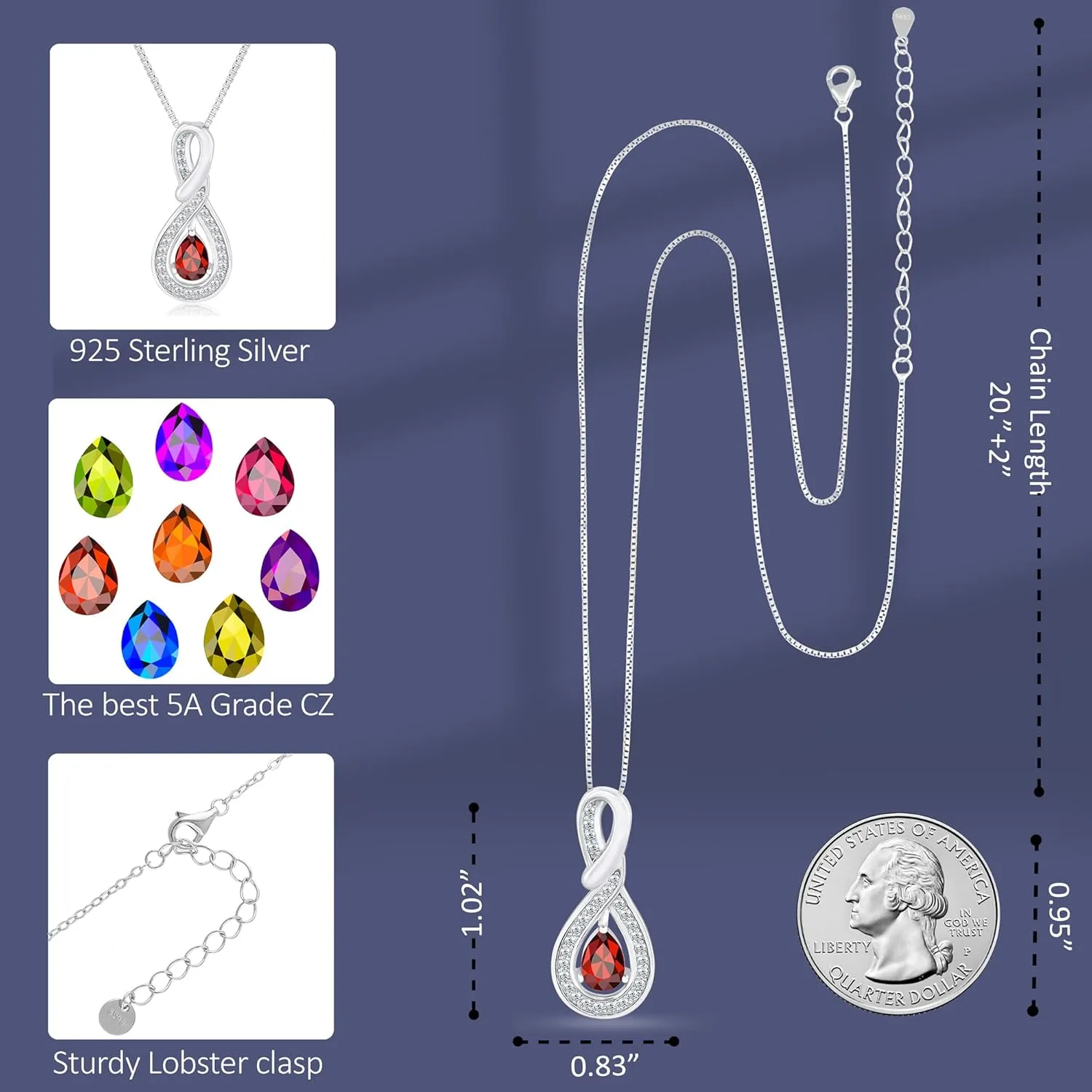 Charm Infinity Birthstone Necklace for Women - Platinum Plated 925 Sterling Silver Birthstone Necklaces, Birthday Necklace for Women, Birthstone Jewelry for Christmas Gifts