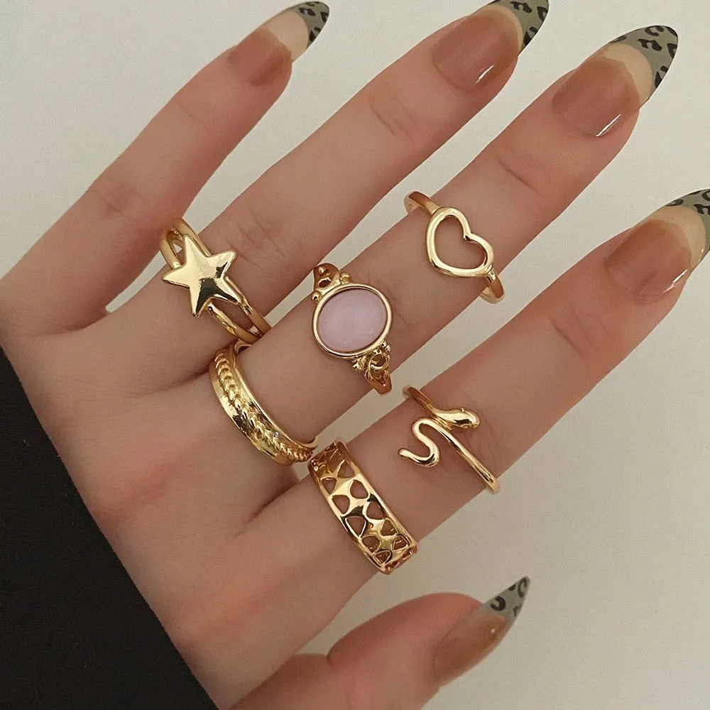 Charm Jewelry Set Vintage Geometric Acrylic Alloy Joint Ring Set Bohemian Metal Curved Finger Ring 2021 Fashion