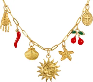 Charm Necklace for Women, 14K Gold Sun and Moon Coin Cross Cherry Charm Necklace, Dainty Summer Beach Shell Starfish Paperclip Link Chain Necklaces