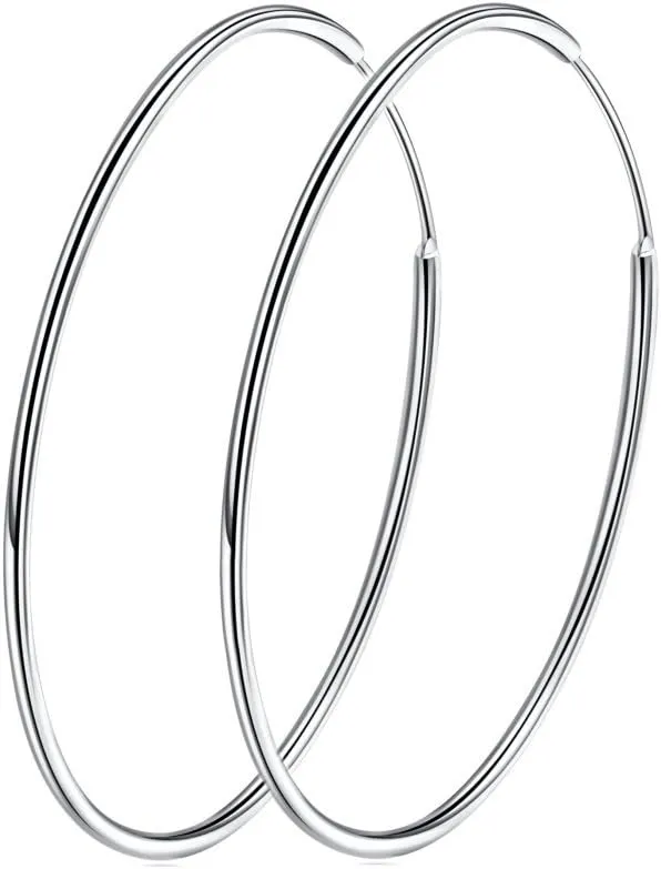 Chic 925 Sterling Silver Big Hoop Earrings Minimalist Round Circle Endless Large Huggie Hoops Statement Earrings 50/60/70/90mm Hypoallergenic Fashion Jewelry Gifts for Women Girls