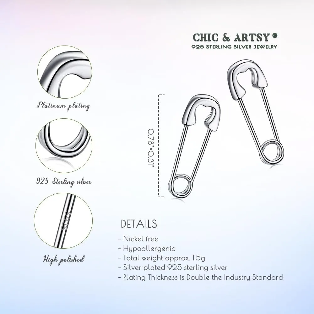 CHIC & ARTSY 925 Sterling Silver Safety Pin Earrings Punk Style Paperclip Earrings Unisex - Solidarity Peace