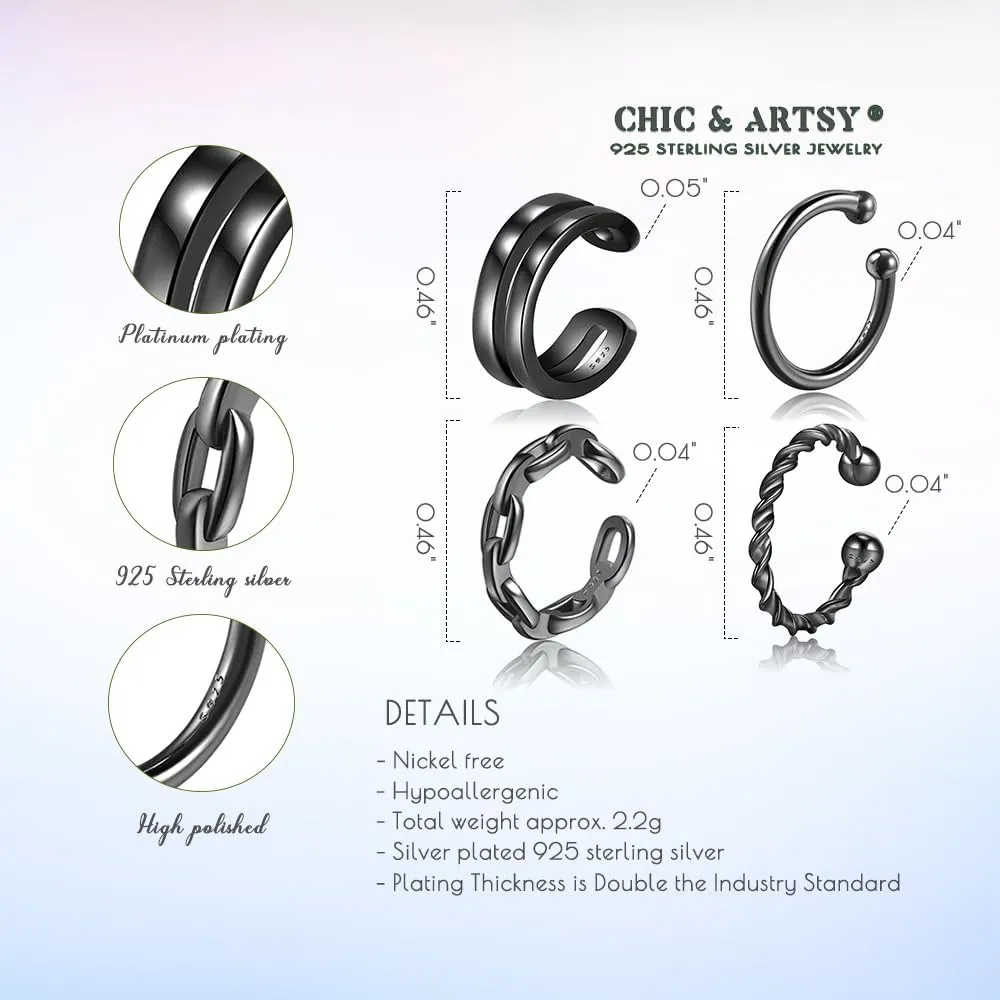 CHIC & ARTSY Cuff Earrings 925 Sterling Silver Ear Cuff Earrings Non-Piercing Fake Helix Cartilage Cuff Earrings Various Styles Conch Ear Cuffs Fine Jewelry for Women Man