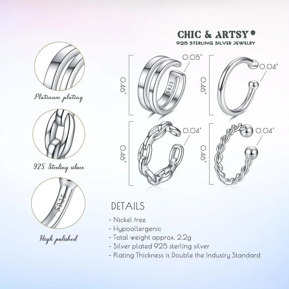 CHIC & ARTSY Cuff Earrings 925 Sterling Silver Ear Cuff Earrings Non-Piercing Fake Helix Cartilage Cuff Earrings Various Styles Conch Ear Cuffs Fine Jewelry for Women Man
