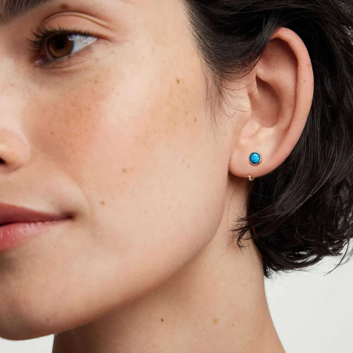 CHIC & ARTSY Dainty Hug Hoop Earrings 925 Sterling Silver Created Gemstone Huggie Hoops Earrings Synthetic Fire Opal/Turquoise/Moonstone/CZ Tiny Hoop Earrings for Women
