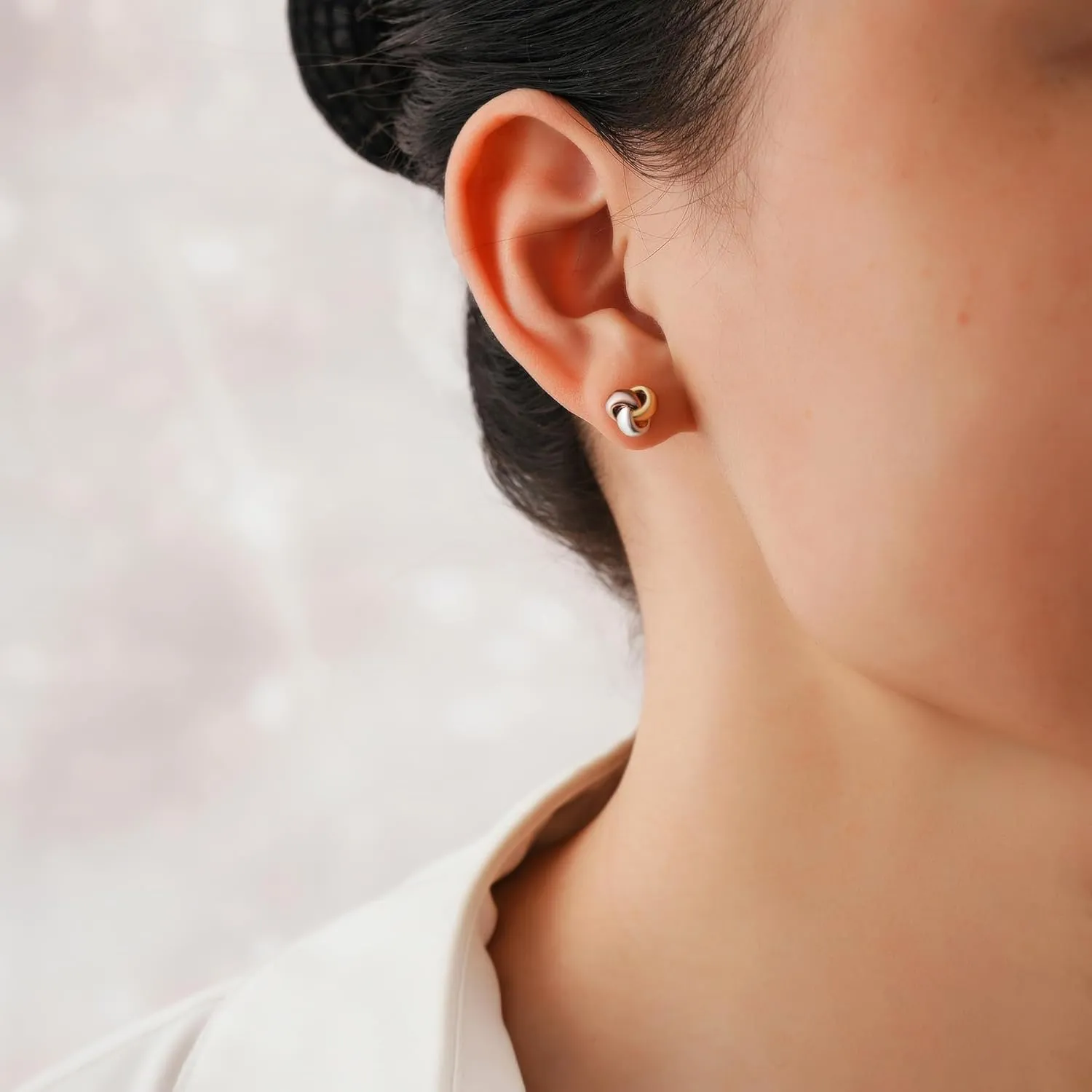 CHIC & ARTSY Love Knot Earrings Gold Plated 925 Sterling Silver Tri-tone White,Yellow,Rose Love Knot Stud Earrings Dainty 8MM High Polished Stud Earrings for Women
