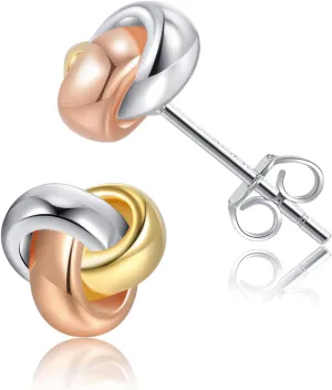 CHIC & ARTSY Love Knot Earrings Gold Plated 925 Sterling Silver Tri-tone White,Yellow,Rose Love Knot Stud Earrings Dainty 8MM High Polished Stud Earrings for Women